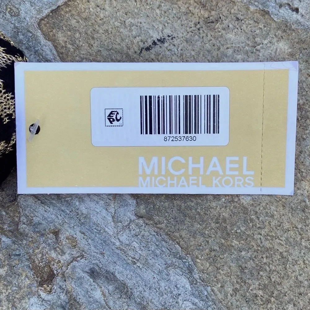 NWT New Michael Kors Black and Gold Metallic Leopard Print Logo Hat/Beanie OS